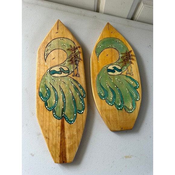 2 Handcrafted Hand Painted Wood Burn Decorative Wooden Surfboard Wall Decor - Picture 1 of 2